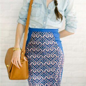 NWOT Eva Franco Anthropologie Blue Geometric Abstract Embroidered Pencil Skirt